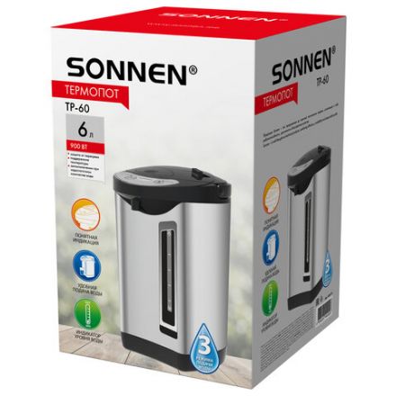 Термопот SONNEN TP-60, 6 л, 900 Вт, 1 температурный режим, 3 режима подачи воды, сталь, черный/серебро, 456713 Термопот SONNEN TP-60, 6 л, 900 Вт, 1 температурный режим, 3 режима подачи воды, сталь, черный/серебро, 456713