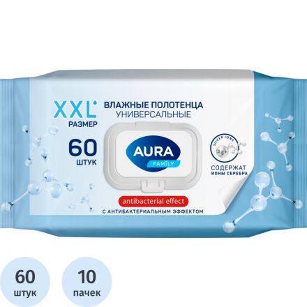 Полотенца влажные AURA FAMILY с антиб.эфф. big-pack с крышкой 60шт/уп КК/10