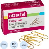Скрепки Attache металлические золотистые 28 мм (100 штук в упаковке)