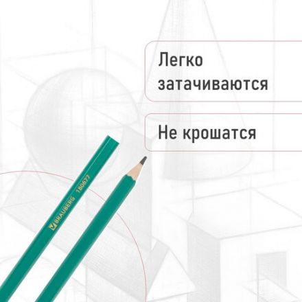 Карандаши чернографитные BRAUBERG НАБОР 12 шт., НВ, без резинки, пластиковый зеленый корпус, 180677