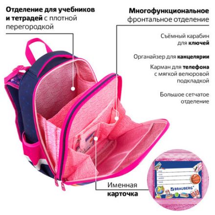 Ранец BRAUBERG PREMIUM, 2 отделения, с брелоком, "Cute fox", LED-ЛАМПОЧКИ, 38х29х16 см, 272019