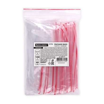 Пакеты ZIP LOCK "зиплок" ПРОЧНЫЕ, комплект 100 шт., 120х170 мм, ПВД, 60 мкм, BRAUBERG EXTRA, 608171 Пакеты ZIP LOCK "зиплок" ПРОЧНЫЕ, комплект 100 шт., 120х170 мм, ПВД, 60 мкм, BRAUBERG EXTRA, 608171