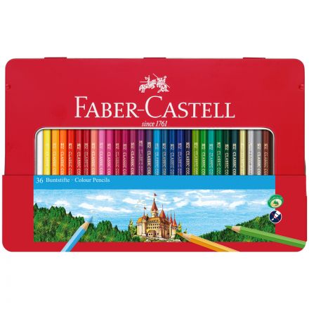 Карандаши цветные Faber-Castell "Замок", 36цв., шестигр., заточ., метал. кор. Карандаши цветные Faber-Castell "Замок", 36цв., шестигр., заточ., метал. кор.