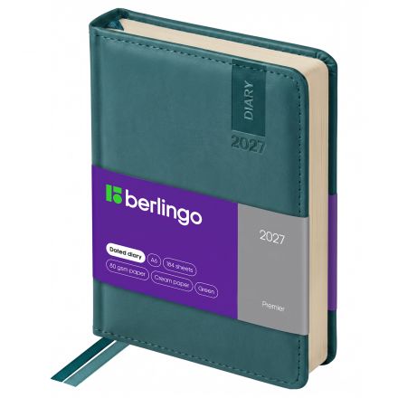 Ежедневник датированный 2027г., А6, 184л., кожзам, Berlingo "Premier", зеленый