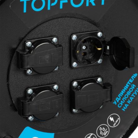 Удлинитель Topfort КГ 3х1,5 50м, на мет.катушке, 4 гнезда с/з.,с/загл.,IP44 Удлинитель Topfort КГ 3х1,5 50м, на мет.катушке, 4 гнезда с/з.,с/загл.,IP44