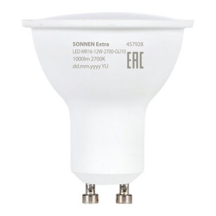 Лампа светодиодная SONNEN EXTRA, 12 (110) Вт, GU10, софит, теплый белый, 30000 ч, LED MR16-GU10-12W-2700, 457928 Лампа светодиодная SONNEN EXTRA, 12 (110) Вт, GU10, софит, теплый белый, 30000 ч, LED MR16-GU10-12W-2700, 457928