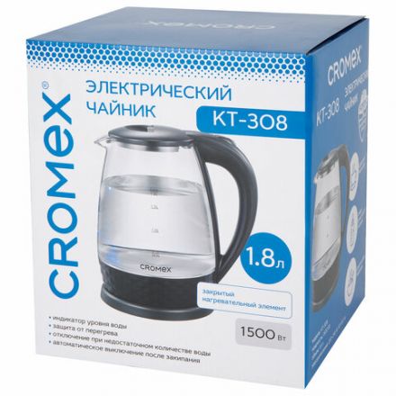 Чайник электрический CROMEX (КРОМЕКС) KT-308, 1,8 л, 1500 Вт, стекло, черный, 455150 Чайник электрический CROMEX (КРОМЕКС) KT-308, 1,8 л, 1500 Вт, стекло, черный, 455150