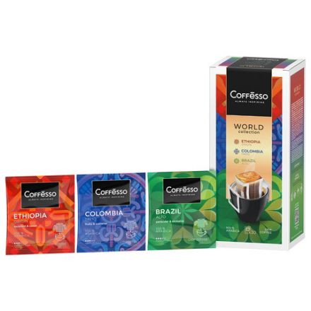 Кофе в дрип-пакетах COFFESSO "WORLD COLLECTION", ассорти 3 вкуса, НАБОР 30 шт., арабика 100%, 102868 Кофе в дрип-пакетах COFFESSO "WORLD COLLECTION", ассорти 3 вкуса, НАБОР 30 шт., арабика 100%, 102868
