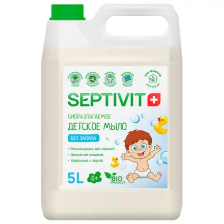 Мыло жидкое детское гипоаллергенное 5 л, SEPTIVIT "Без запаха", биоразлагаемое Мыло жидкое детское гипоаллергенное 5 л, SEPTIVIT "Без запаха", биоразлагаемое
