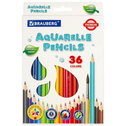 Карандаши цветные акварельные BRAUBERG PREMIUM AQUARELLE, 36 цветов, трехгранные, утолщенный грифель 4 мм, натуральное дерево, 181674 Карандаши цветные акварельные BRAUBERG PREMIUM AQUARELLE, 36 цветов, трехгранные, утолщенный грифель 4 мм, натуральное дерево, 181674