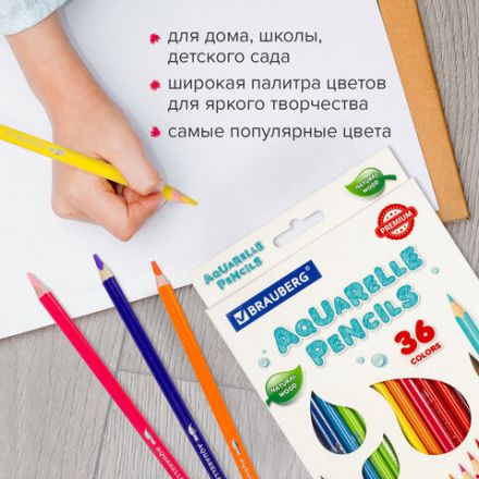 Карандаши цветные акварельные BRAUBERG PREMIUM AQUARELLE, 36 цветов, трехгранные, утолщенный грифель 4 мм, натуральное дерево, 181674 Карандаши цветные акварельные BRAUBERG PREMIUM AQUARELLE, 36 цветов, трехгранные, утолщенный грифель 4 мм, натуральное дерево, 181674