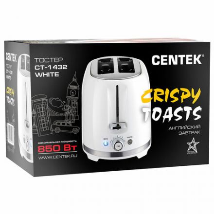 Тостер CENTEK CT-1432, 850 Вт, 2 тоста, 7 режимов, пластик, белый, CT-1432 WHITE Тостер CENTEK CT-1432, 850 Вт, 2 тоста, 7 режимов, пластик, белый, CT-1432 WHITE