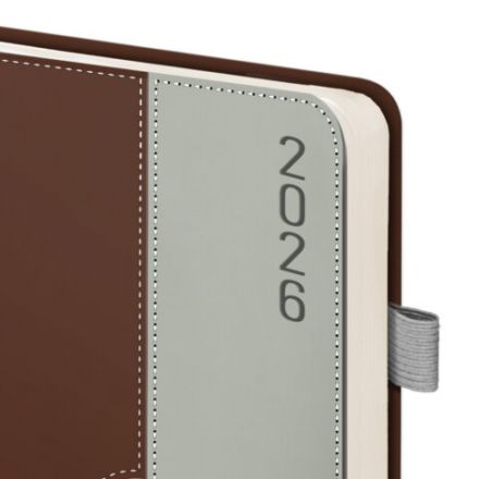 Ежедневник датированный 2026, А5, 138х213 мм, BRAUBERG "Esthetic", под кожу, держатель для ручки, застежка, коричневый/серый, 117374