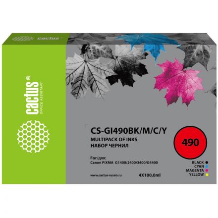 Чернила Cactus CS-GI490BK/M/C/Y GI-490 набор 4x100 мл для Canon Pixma G1400 Чернила Cactus CS-GI490BK/M/C/Y GI-490 набор 4x100 мл для Canon Pixma G1400