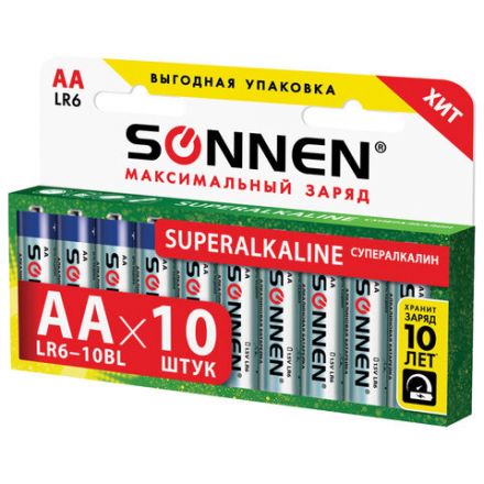 Батарейки КОМПЛЕКТ 10 шт., SONNEN Super Alkaline, АА (LR6,15А), алкалиновые, пальчиковые, в коробке, 454231 Батарейки КОМПЛЕКТ 10 шт., SONNEN Super Alkaline, АА (LR6,15А), алкалиновые, пальчиковые, в коробке, 454231