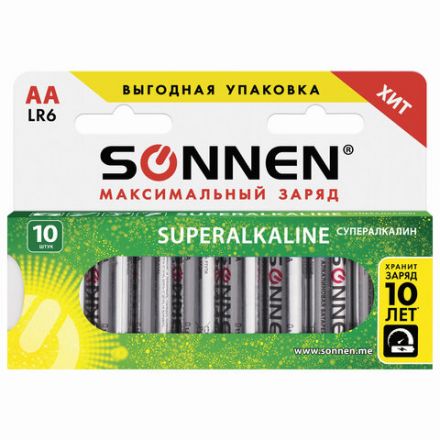 Батарейки КОМПЛЕКТ 10 шт., SONNEN Super Alkaline, АА (LR6,15А), алкалиновые, пальчиковые, в коробке, 454231 Батарейки КОМПЛЕКТ 10 шт., SONNEN Super Alkaline, АА (LR6,15А), алкалиновые, пальчиковые, в коробке, 454231
