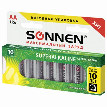 Батарейки КОМПЛЕКТ 10 шт., SONNEN Super Alkaline, АА (LR6,15А), алкалиновые, пальчиковые, в коробке, 454231 Батарейки КОМПЛЕКТ 10 шт., SONNEN Super Alkaline, АА (LR6,15А), алкалиновые, пальчиковые, в коробке, 454231