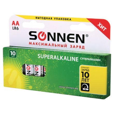 Батарейки КОМПЛЕКТ 10 шт., SONNEN Super Alkaline, АА (LR6,15А), алкалиновые, пальчиковые, в коробке, 454231