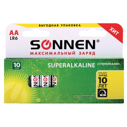 Батарейки КОМПЛЕКТ 10 шт., SONNEN Super Alkaline, АА (LR6,15А), алкалиновые, пальчиковые, в коробке, 454231
