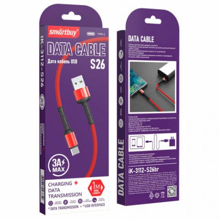 Кабель S26 USB – Type-C, 1 м, 3 А, SMARTBUY, для зарядки и передачи данных, красный, 93652, iK-3112-S26r Кабель S26 USB – Type-C, 1 м, 3 А, SMARTBUY, для зарядки и передачи данных, красный, 93652, iK-3112-S26r