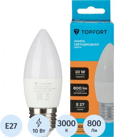 Лампа светодиодная Topfort E27 10W 3000K свеча Лампа светодиодная Topfort E27 10W 3000K свеча