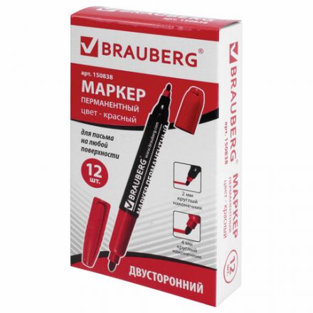 Маркер перманентный двусторонний BRAUBERG, КРАСНЫЙ, круглый наконечник 2/4 мм, 150838 Маркер перманентный двусторонний BRAUBERG, КРАСНЫЙ, круглый наконечник 2/4 мм, 150838