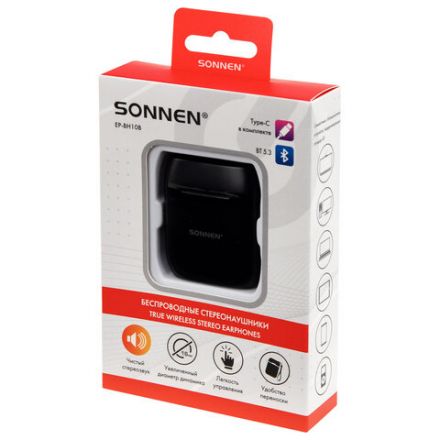 Наушники беспроводные TWS вкладыши с микрофоном, SONNEN EP-BH10B, Bluetooth 5.3, черные, 514122 Наушники беспроводные TWS вкладыши с микрофоном, SONNEN EP-BH10B, Bluetooth 5.3, черные, 514122
