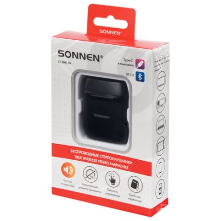 Наушники беспроводные TWS вкладыши с микрофоном, SONNEN EP-BH10B, Bluetooth 5.3, черные, 514122 Наушники беспроводные TWS вкладыши с микрофоном, SONNEN EP-BH10B, Bluetooth 5.3, черные, 514122