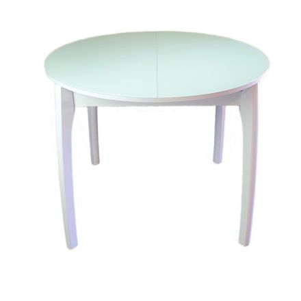 Стол В-46 D 90(125)*90 ЛДСП 16мм+стекло 4мм Белый глянец, вставка бабочка, опоры массив бука белый Стол В-46 D 90(125)*90 ЛДСП 16мм+стекло 4мм Белый глянец, вставка бабочка, опоры массив бука белый