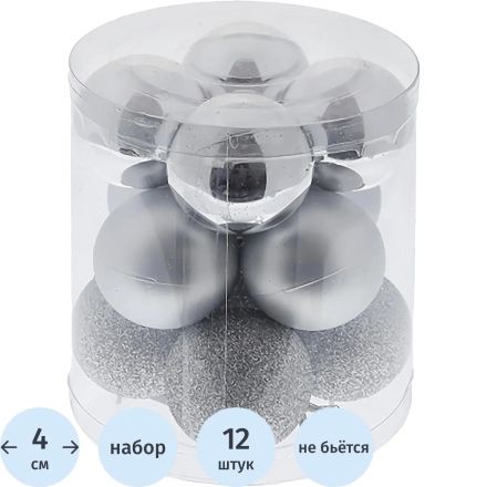 Набор шаров Серебряный жемчуг, 12шт D 4 см, L9,5 W9,5 H10,5 см, 722880