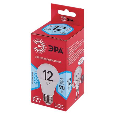 Лампа светодиодная ЭРА RED LINE, 12 (90) Вт, цоколь Е27, груша, нейтральный белый свет, 25000 ч., LED A60-12W-4000-E27, Б0049636 Лампа светодиодная ЭРА RED LINE, 12 (90) Вт, цоколь Е27, груша, нейтральный белый свет, 25000 ч., LED A60-12W-4000-E27, Б0049636