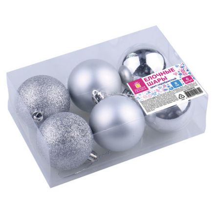 Шары ёлочные 6 шт., 8 см, "Trio", пластик, СЕРЕБРИСТЫЕ (глянец, матовый, глиттер), ЗОЛОТАЯ СКАЗКА, 590876 Шары ёлочные 6 шт., 8 см, "Trio", пластик, СЕРЕБРИСТЫЕ (глянец, матовый, глиттер), ЗОЛОТАЯ СКАЗКА, 590876