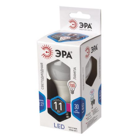 Лампа светодиодная ЭРА STD, 11 (100) Вт, цоколь E27, груша, нейтральный белый свет, 30000 ч., LED A60-11W-840-E27, Б0029821 Лампа светодиодная ЭРА STD, 11 (100) Вт, цоколь E27, груша, нейтральный белый свет, 30000 ч., LED A60-11W-840-E27, Б0029821
