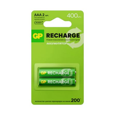 Батарейки аккумуляторные GP ReCharge Ni-Mh мизинчиковые КОМПЛЕКТ 2 шт., ААА (HR03) 400 mAh, 40AAAHCV, 40AAAHCV-2CRSB Батарейки аккумуляторные GP ReCharge Ni-Mh мизинчиковые КОМПЛЕКТ 2 шт., ААА (HR03) 400 mAh, 40AAAHCV, 40AAAHCV-2CRSB