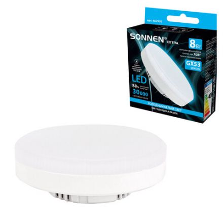 Лампа светодиодная SONNEN EXTRA, 8 (70) Вт, GX53, таблетка, холодный белый, 30000 ч, LED 8W-6500-GX53, 457930 Лампа светодиодная SONNEN EXTRA, 8 (70) Вт, GX53, таблетка, холодный белый, 30000 ч, LED 8W-6500-GX53, 457930