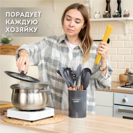 Набор силиконовых кухонных принадлежностей с деревянными ручками 12 в 1, серый, DASWERK (ДАСВЕРК), 608194 Набор силиконовых кухонных принадлежностей с деревянными ручками 12 в 1, серый, DASWERK (ДАСВЕРК), 608194