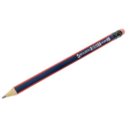 Карандаш чернографитный BRAUBERG, 1 шт., "Stripes", HB, трехгранный, с ластиком, корпус синий/красный, 181294 Карандаш чернографитный BRAUBERG, 1 шт., "Stripes", HB, трехгранный, с ластиком, корпус синий/красный, 181294