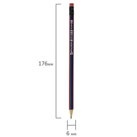 Карандаш чернографитный BRAUBERG, 1 шт., "Stripes", HB, трехгранный, с ластиком, корпус синий/красный, 181294 Карандаш чернографитный BRAUBERG, 1 шт., "Stripes", HB, трехгранный, с ластиком, корпус синий/красный, 181294