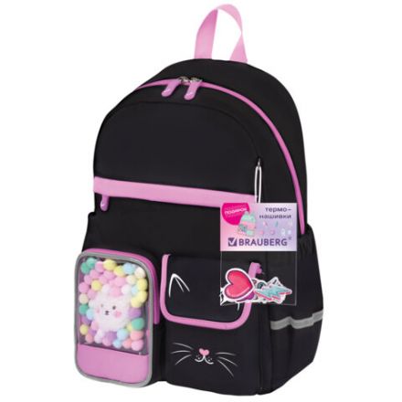 Рюкзак BRAUBERG PASTEL с термонашивками в комплекте, "Black kitty", черный, 40х29х14 см, 273128 Рюкзак BRAUBERG PASTEL с термонашивками в комплекте, "Black kitty", черный, 40х29х14 см, 273128