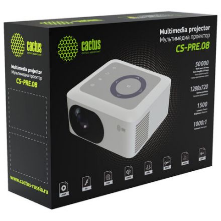 Проектор CACTUS CS-PRE.08WT.WXGA, LCD, 1280x720, 16:9, 1500 лм, 1000:1, 0,5 кг, белый Проектор CACTUS CS-PRE.08WT.WXGA, LCD, 1280x720, 16:9, 1500 лм, 1000:1, 0,5 кг, белый