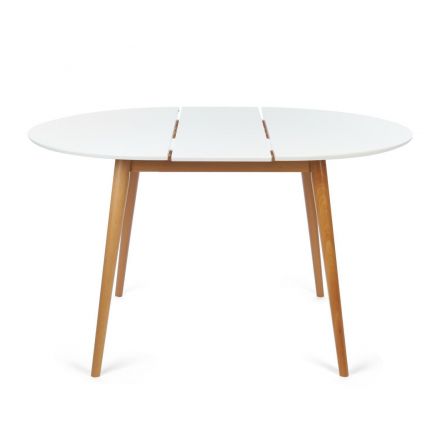 Стол круглый раскладной обеденный BOSCO (Боско), основание бук, столешница мдф, 100*75*100+30см, Белый+Натуральный ( Бук)