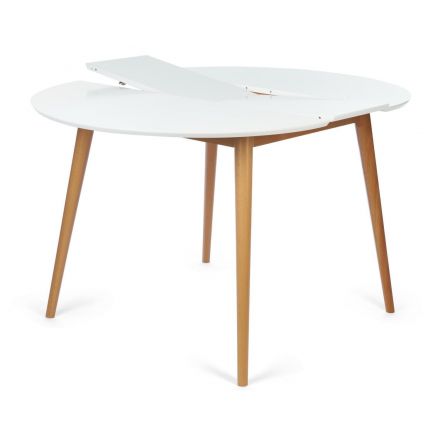 Стол круглый раскладной обеденный BOSCO (Боско), основание бук, столешница мдф, 100*75*100+30см, Белый+Натуральный ( Бук)