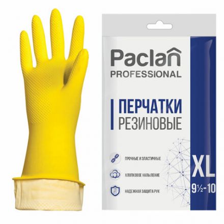 Перчатки МНОГОРАЗОВЫЕ латексные PACLAN "Professional", хлопчатобумажное напыление, размер 9,5-10, XL (очень большой), желтые Перчатки МНОГОРАЗОВЫЕ латексные PACLAN "Professional", хлопчатобумажное напыление, размер 9,5-10, XL (очень большой), желтые