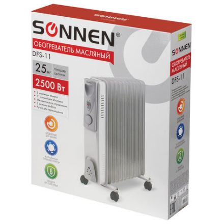Обогреватель масляный SONNEN DFS-11, 2500 Вт, 11 секций, белый, 453500 Обогреватель масляный SONNEN DFS-11, 2500 Вт, 11 секций, белый, 453500