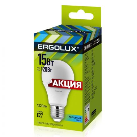 Лампа светодиодная Ergolux   LED-A60P-15W-E27-4K,1