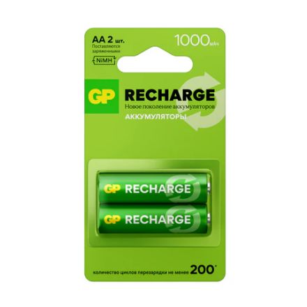 Батарейки аккумуляторные GP ReCharge Ni-Mh пальчиковые КОМПЛЕКТ 2 шт., АА (HR6) 1000 mAh, 100AAHCV, 100AAHCV-2CRSB Батарейки аккумуляторные GP ReCharge Ni-Mh пальчиковые КОМПЛЕКТ 2 шт., АА (HR6) 1000 mAh, 100AAHCV, 100AAHCV-2CRSB