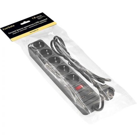 Сетевой фильтр ExeGate SP-5-USB-1.8B 5р/1,8м, 2 USB,черный(EX295490RUS) Сетевой фильтр ExeGate SP-5-USB-1.8B 5р/1,8м, 2 USB,черный(EX295490RUS)