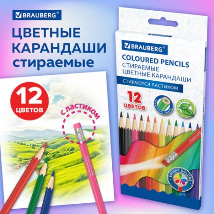 Карандаши цветные стираемые с ластиком BRAUBERG, 12 цветов, шестигранные, 182070