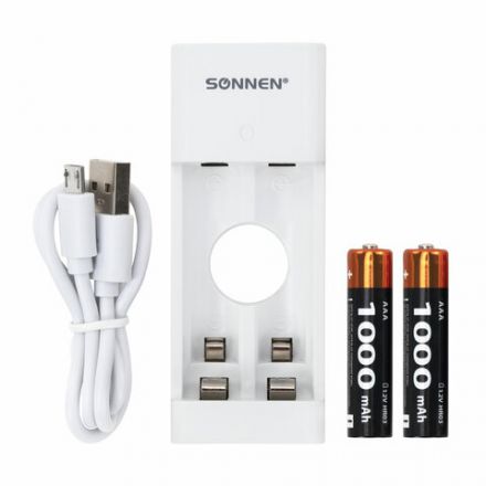 Зарядное устройство с аккумуляторами 2 шт. AAA (HR03), 1000 mAh, SONNEN BC2, в блистере, 455004 Зарядное устройство с аккумуляторами 2 шт. AAA (HR03), 1000 mAh, SONNEN BC2, в блистере, 455004