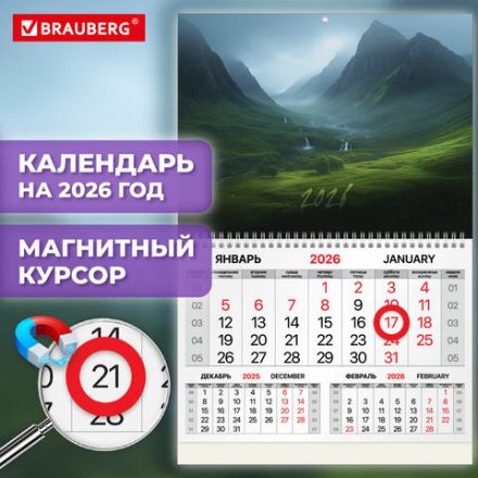 Календарь квартальный 2026 г., 1 блок, 1 гребень, магнитный курсор, мелованная бумага, BRAUBERG, "Долина", 116914